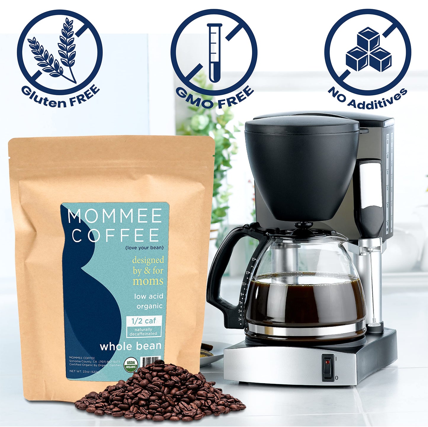 Mommee Coffee - Half Caf | Low Acid, Organic, Fair Trade, Water Processed | Whole Bean, 22 Oz.