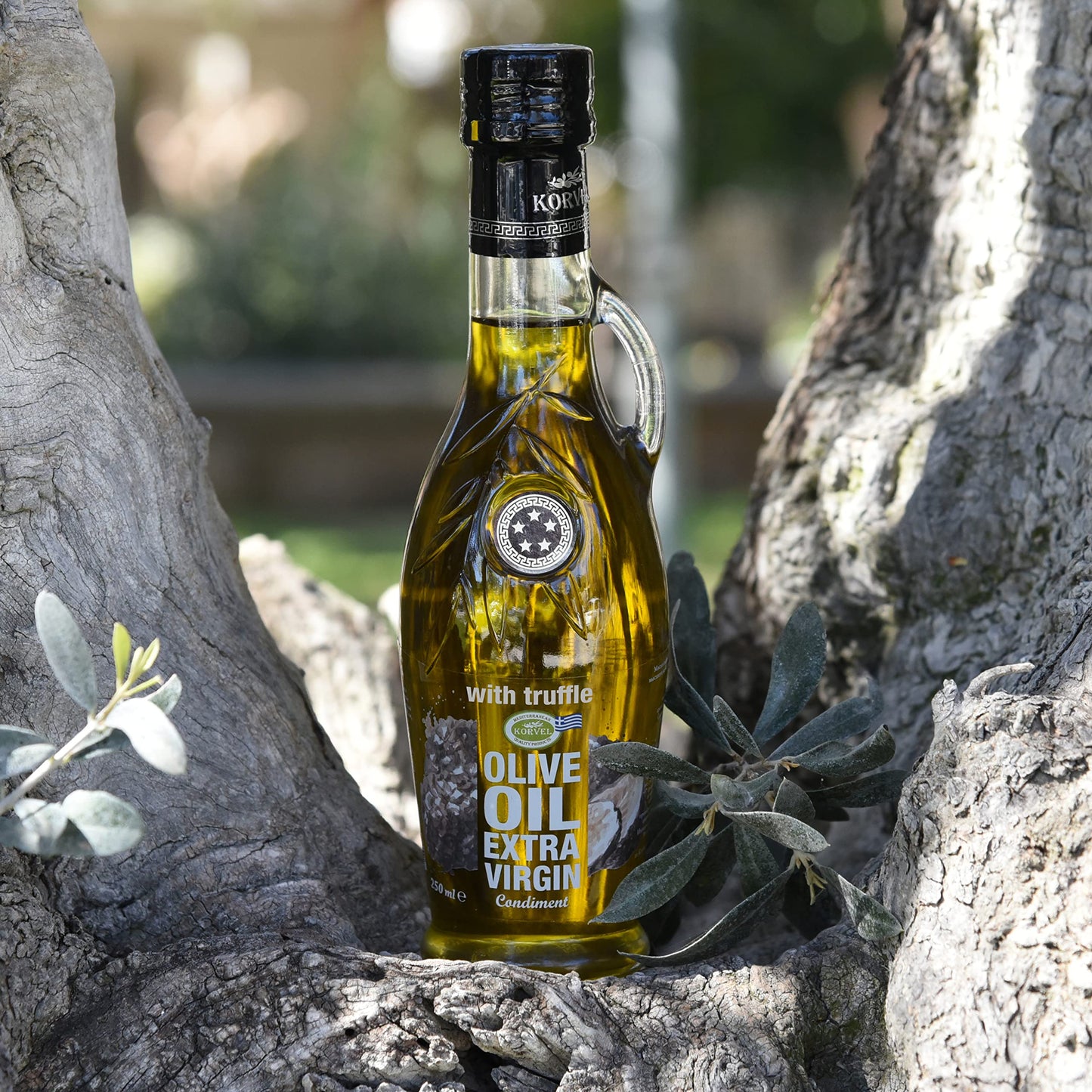 KORVEL Extra Virgin Olive Oil with Truffle, Glass Bottle Amphora, 250 ml (8.45 fl oz)