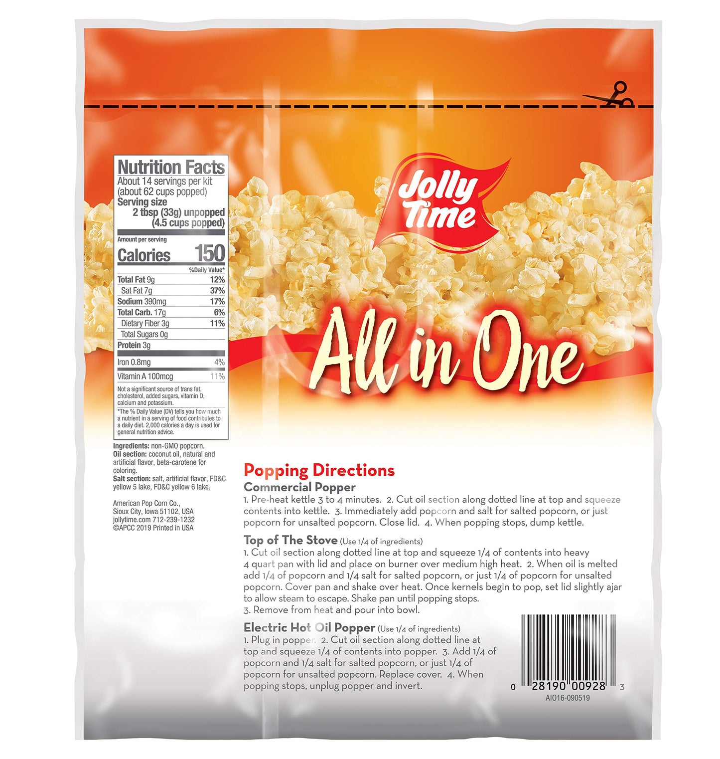 Jolly Time All In One Popcorn Kit, Portion Packets With Kernels, Oil And Salt For Movie Theater Or Air Popper Machines (18 Pack,