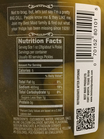 Best Maid Dill Pickles 1 Gal 18-22 count