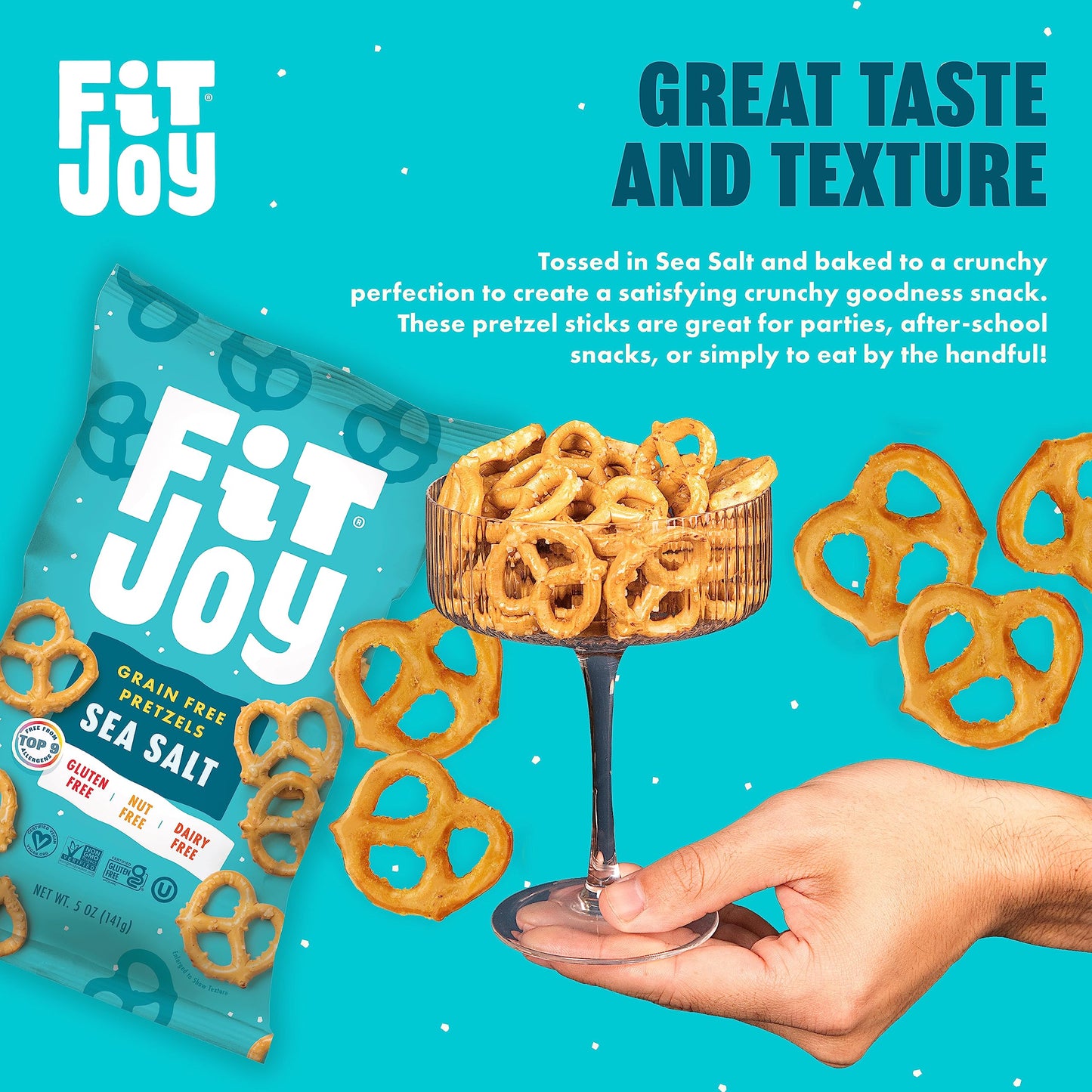 FitJoy Sea Salt Pretzels (Pack of 6, 5 Oz) - Dairy, Nut & Gluten Free Snacks - Grain Free Cassava Root & Chickpea Flour Vegan Pr