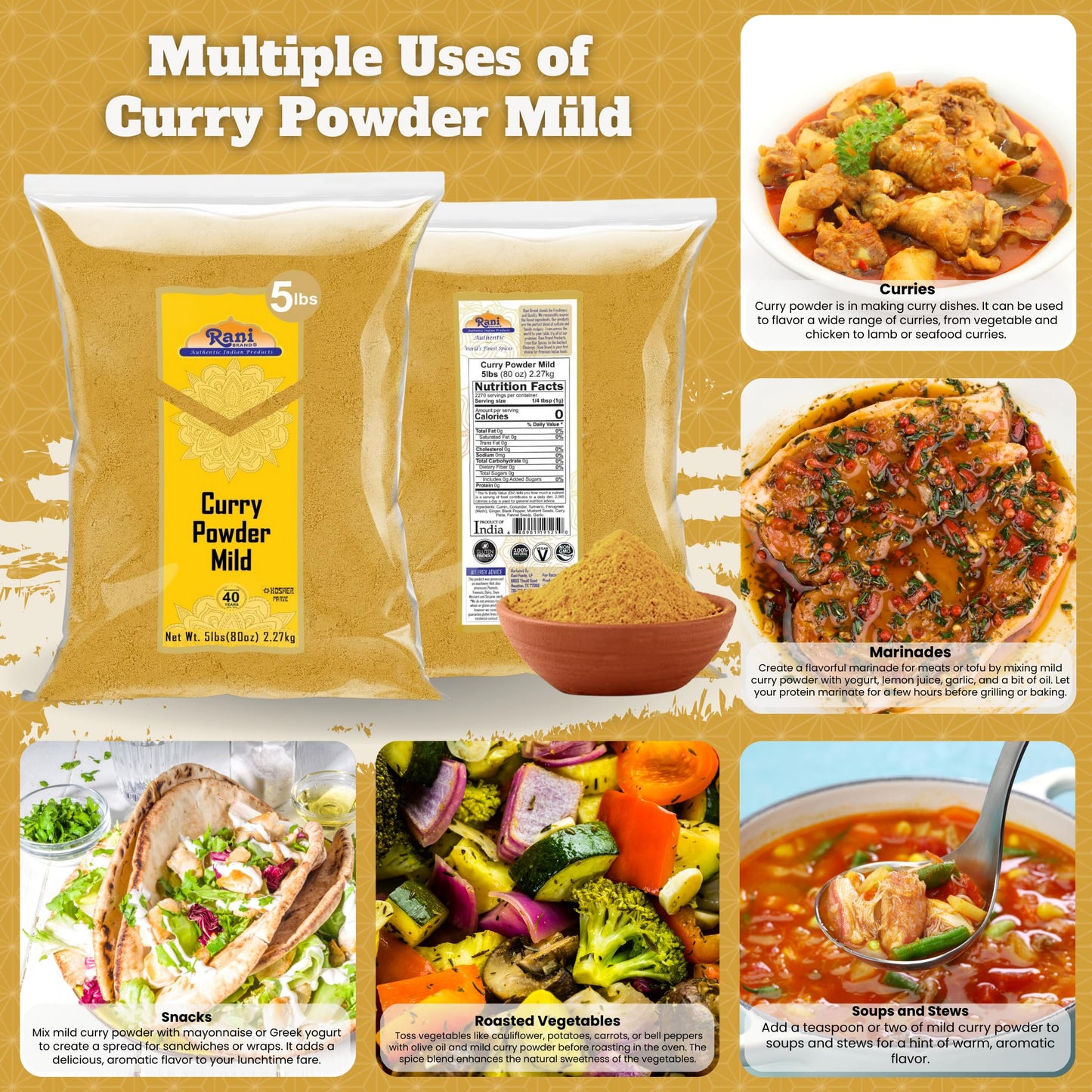 Rani Curry Powder Mild (10-Spice Authentic Indian Blend) 80Oz (5Lbs) 2.27Kg Bulk ~ All Natural | Salt-Free | No Chili Or Peppers