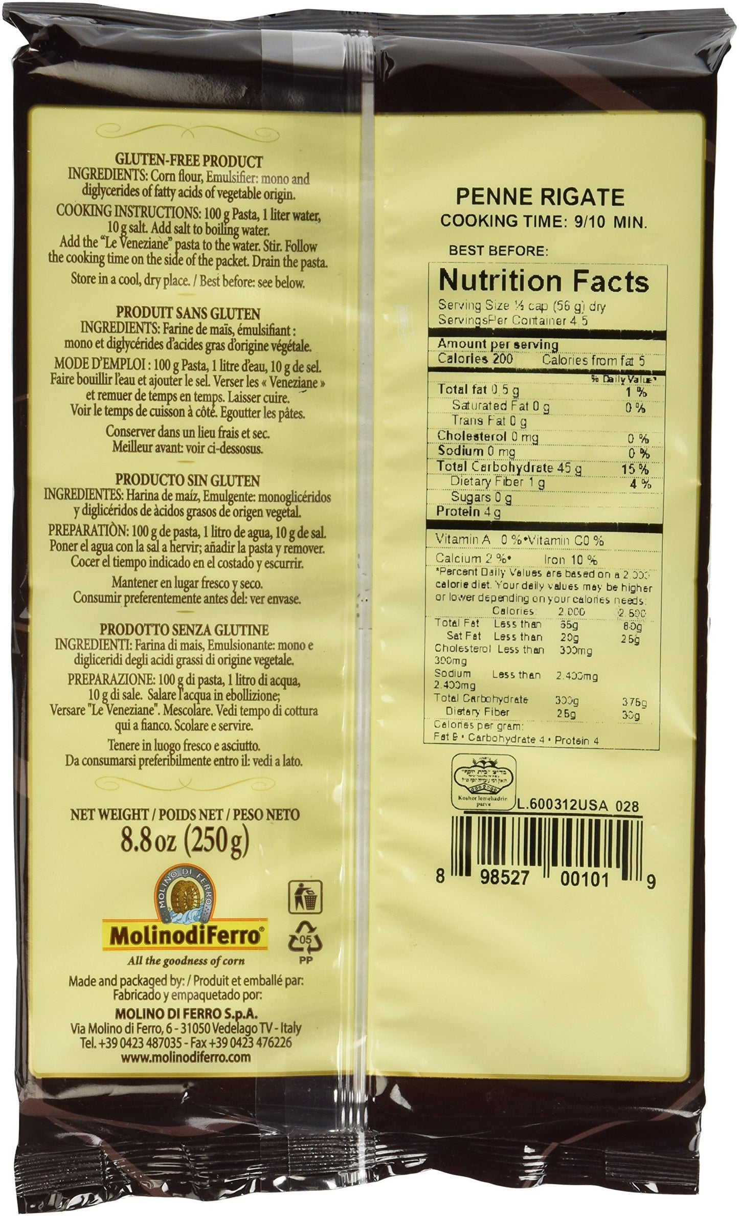 Le Veneziane - Italian Penne Rigate Pasta [Gluten-Free], (4)- 8.8 Oz. Pkgs