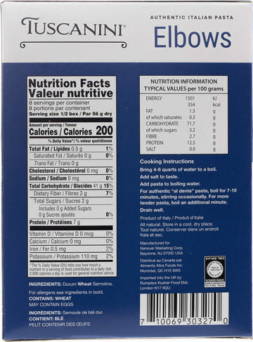 Tuscanini Authentic Italian Elbow Macaroni Pasta 16Oz (4 Pack) Made With Premium Durum Wheat , Done In 7-10 Minutes