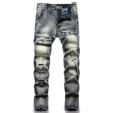 Aititia Mens Biker Zipper Deco Washed Straight Fit Jeans (32, 2126 Vintage)