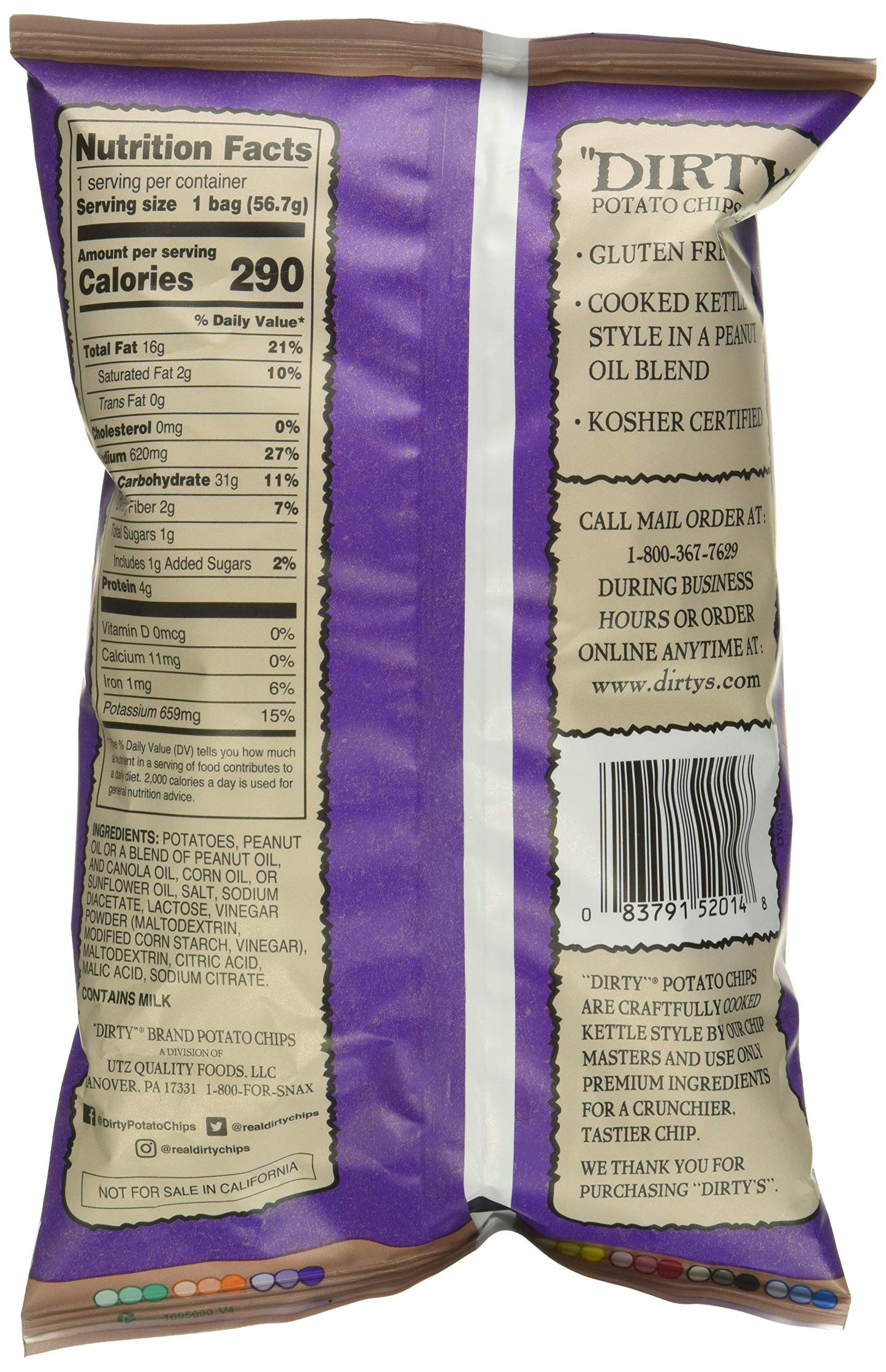 Dirty Salt & Vinegar Potato Chips, Kosher, Gluten Free, 2 Ounces (Pack Of 25)