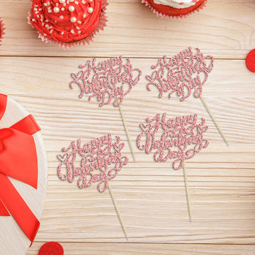 Gyufise 24Pcs Happy Valentines Day Cupcake Toppers Rose Gold Glitter Valentines Day Cupcake Food Decor For Wedding Anniversary V
