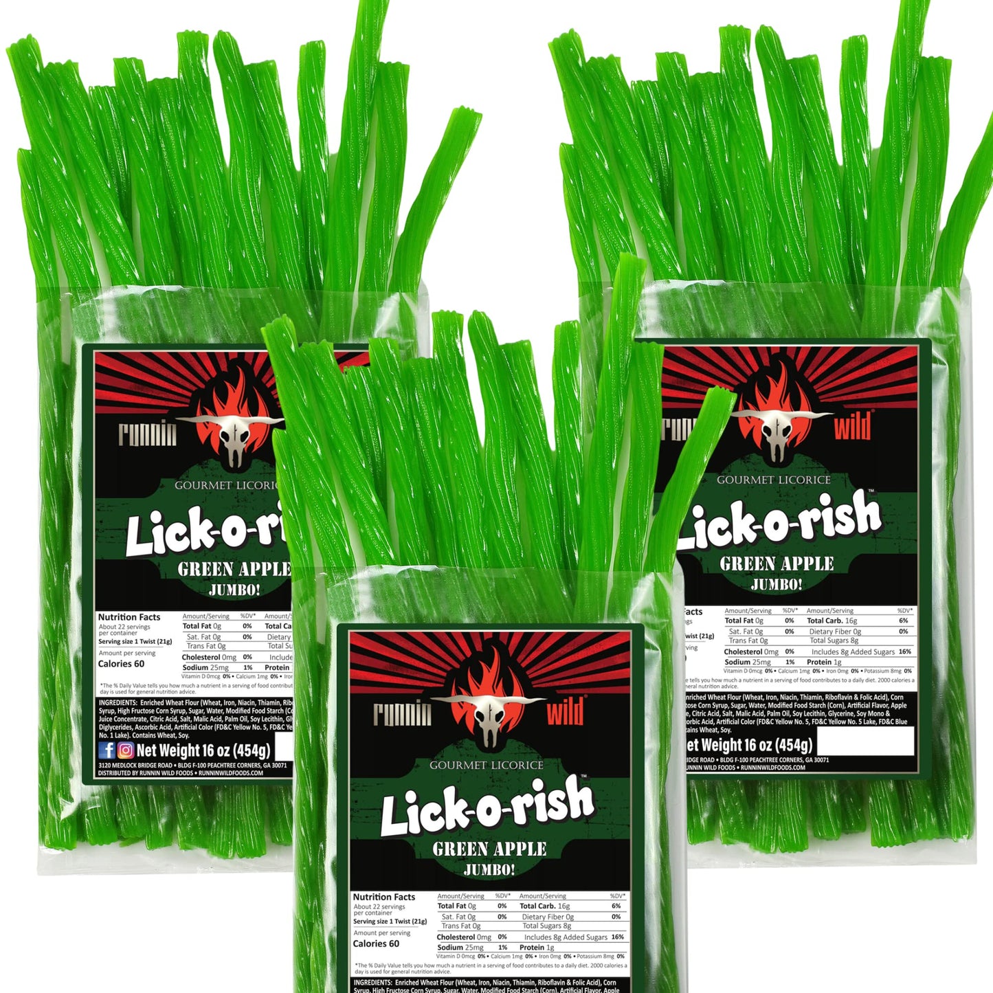 RunninWild Green Apple Licorice - 3 Pound Set (3 Bags, 1 Pound Each) - Sweet Candy Treat