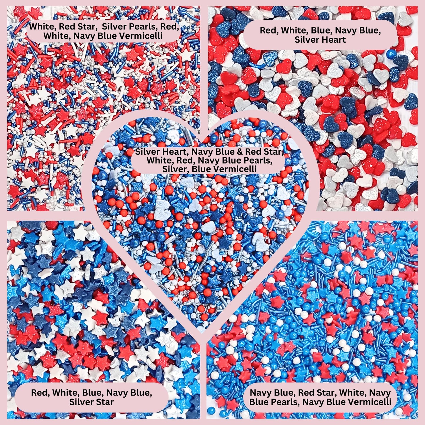 Confect Patriotic Sprinkles | Assorted Pack of 5 Mix Red, White & Blue Sprinkles | Heart & Star Pearls & Jimmies For Cake & Cupc