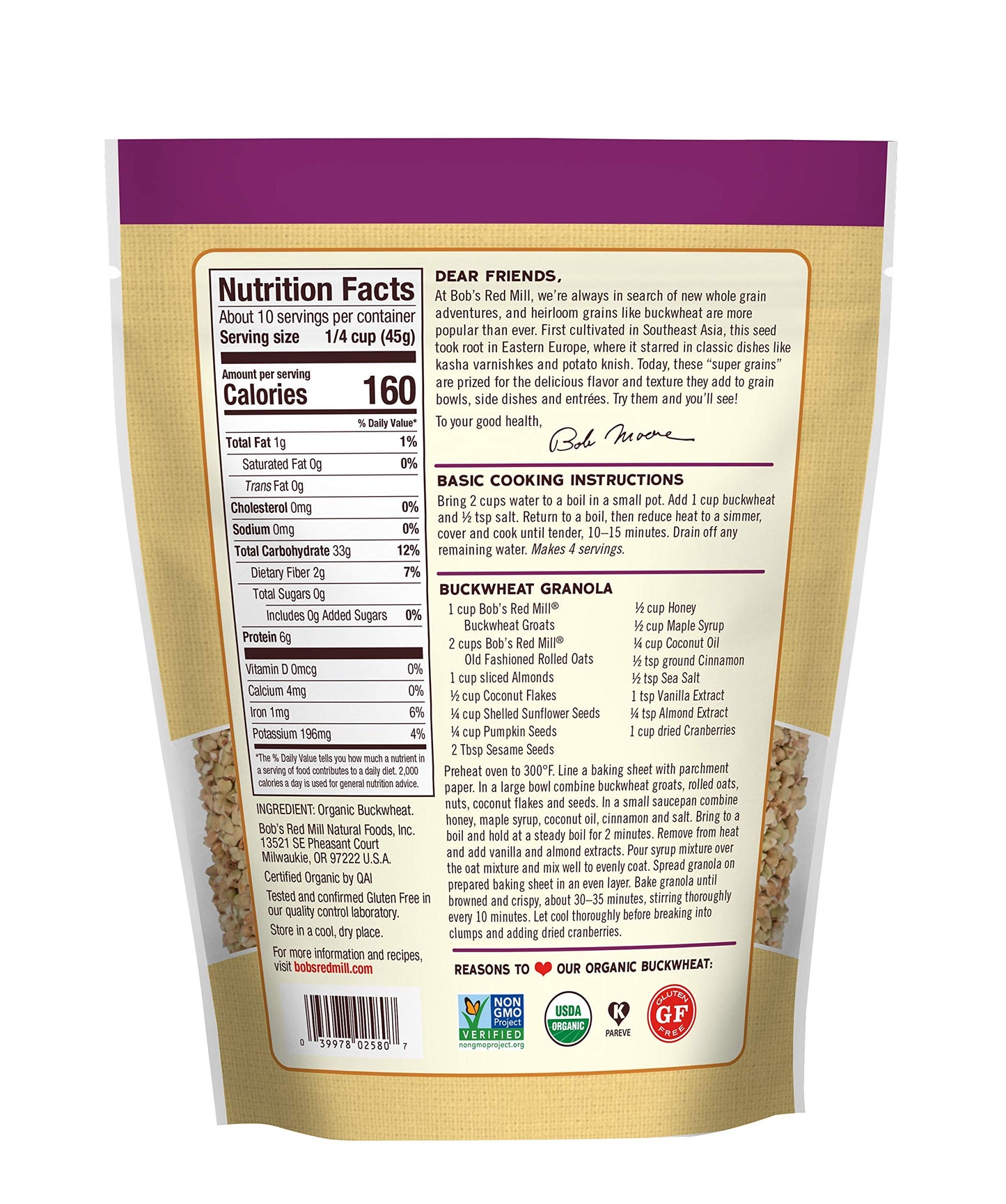 Bob'S Red Mill Organic Gluten Free Buckwheat Groats, 16Oz (Pack Of 4) - Non Gmo, Whole Grain, Vegan, Kosher