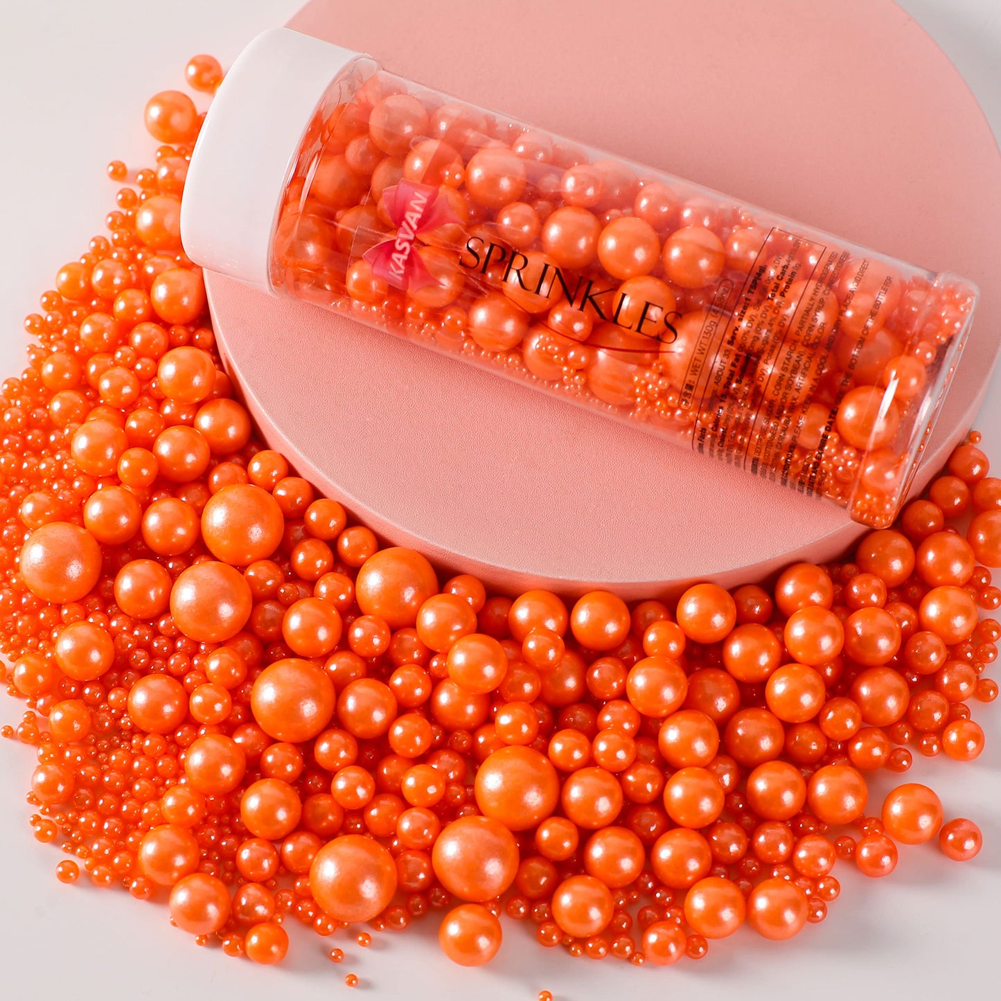 KASVAN Orange Pearl Sugar Sprinkles - Edible Cake Decorations, 130g, Mix Size, Ice Cream Toppings, Wedding & Party Supplies