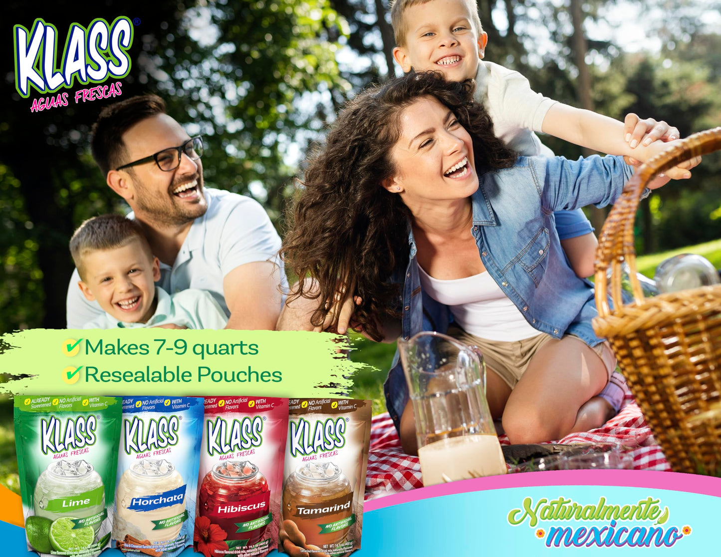Klass Aguas Frescas | Drink Mix Mexican Variety Pack | Horchata Limeade Hibiscus & Tamarind Drinks | Flavors From Natural Sources, No Artificial Flavors, With Vitamin C (Makes 7 To 9 Quarts) 14.1 Oz Family Pack (4-Pack)