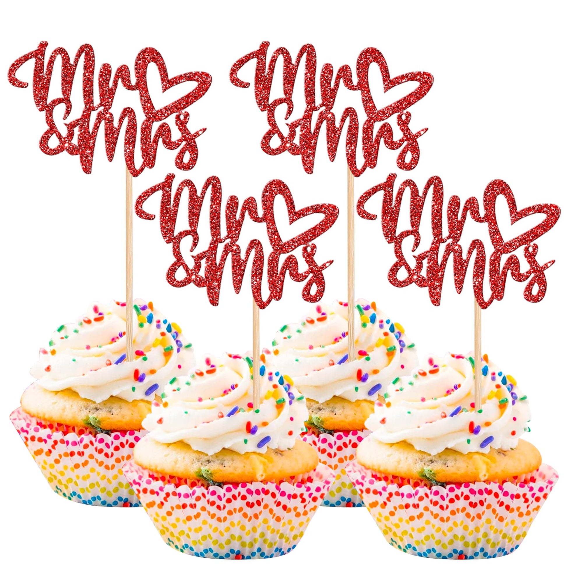 36 PCS Mr & Mrs Cupcake Toppers with Love Heart Glitter Bridal Shower Cupcake Picks Cake Picks for Wedding Engagement Birthday P