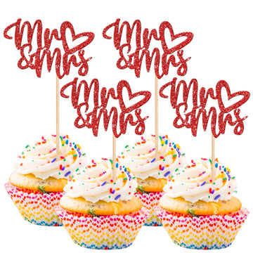 36 PCS Mr & Mrs Cupcake Toppers with Love Heart Glitter Bridal Shower Cupcake Picks Cake Picks for Wedding Engagement Birthday P