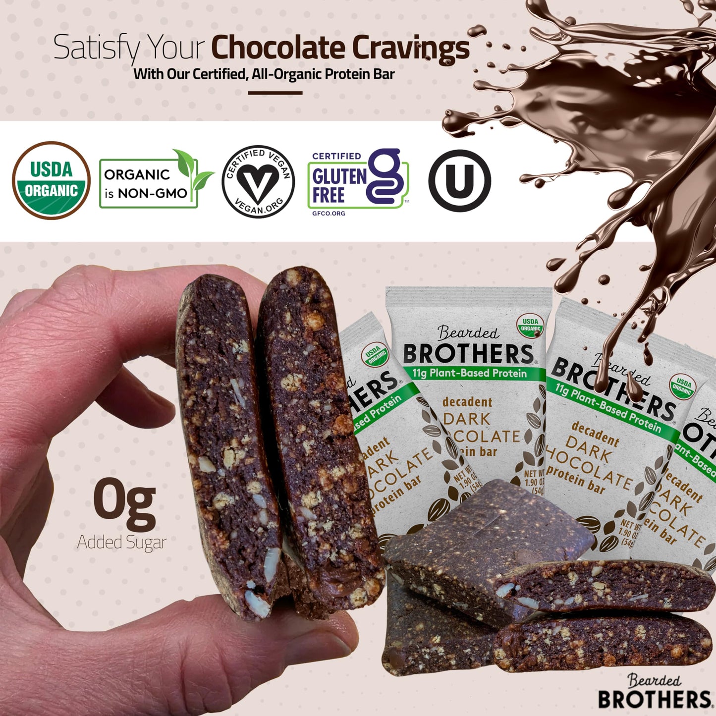 Bearded Brothers Organic Protein Bars, Dark Chocolate (10 Pack) - 11G Of Plant Based Protein Gluten Free Vegan, Non-Gmo Healthy Snacks For Mature-Themeds Good Source Of Fiber