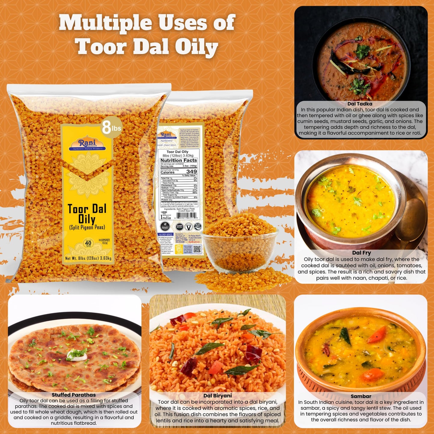 Rani Toor Dal (Split Pigeon Peas) Oily, 128oz (8lbs) 3.63kg Bulk ~ All Natural | Gluten Friendly | NON-GMO | Vegan | Indian Orig