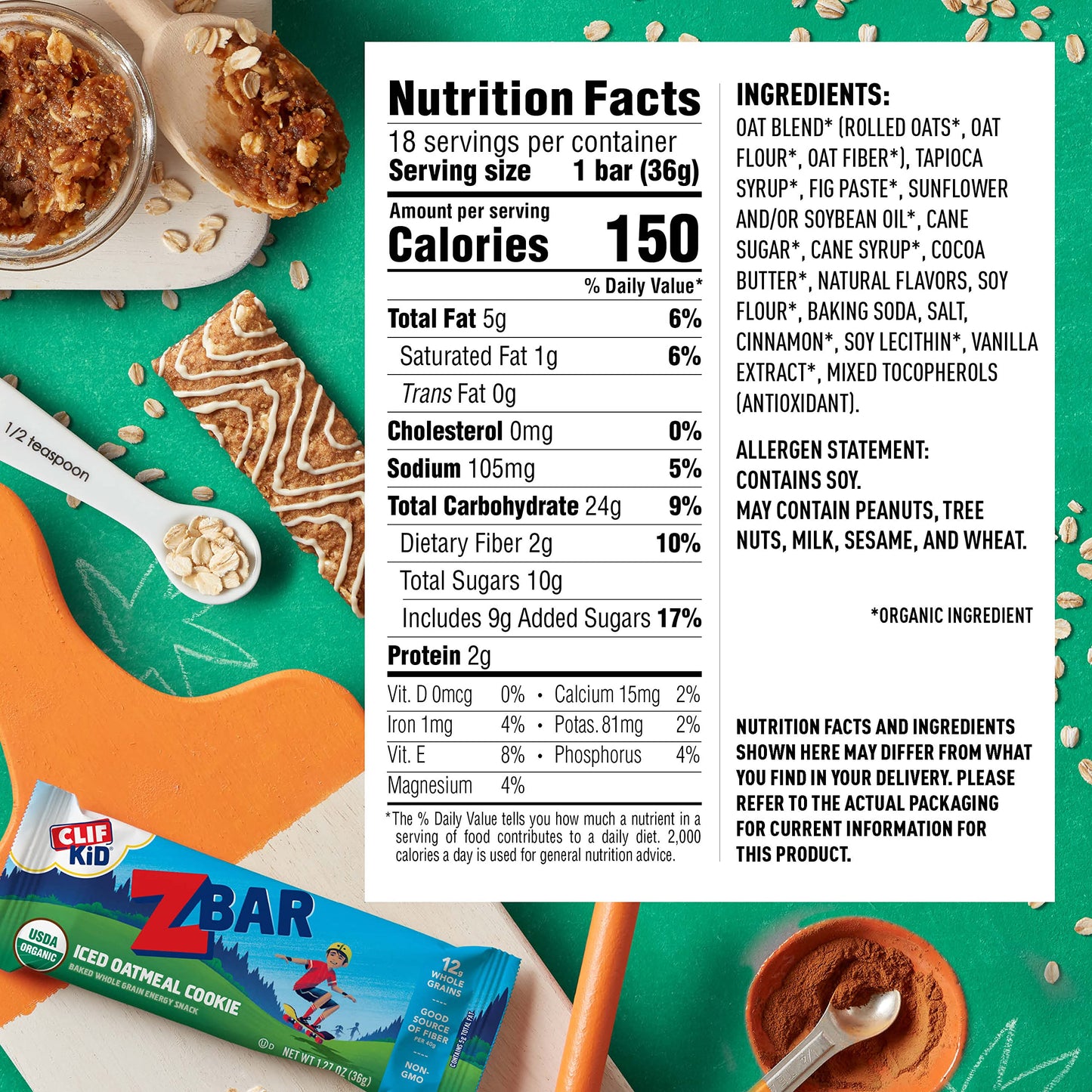 CLIF Bar CLIF KID ZBAR Organic Granola Bars Iced Oatmeal Cookie Non-GMO 18 Count