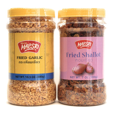 Maesri Fried Shallot & Fried Garlic Combo Pack, Ingredient & Garnish widely used in Asian Cooking, 7 Ounce & 10.5 Once Jar, 2 Pi
