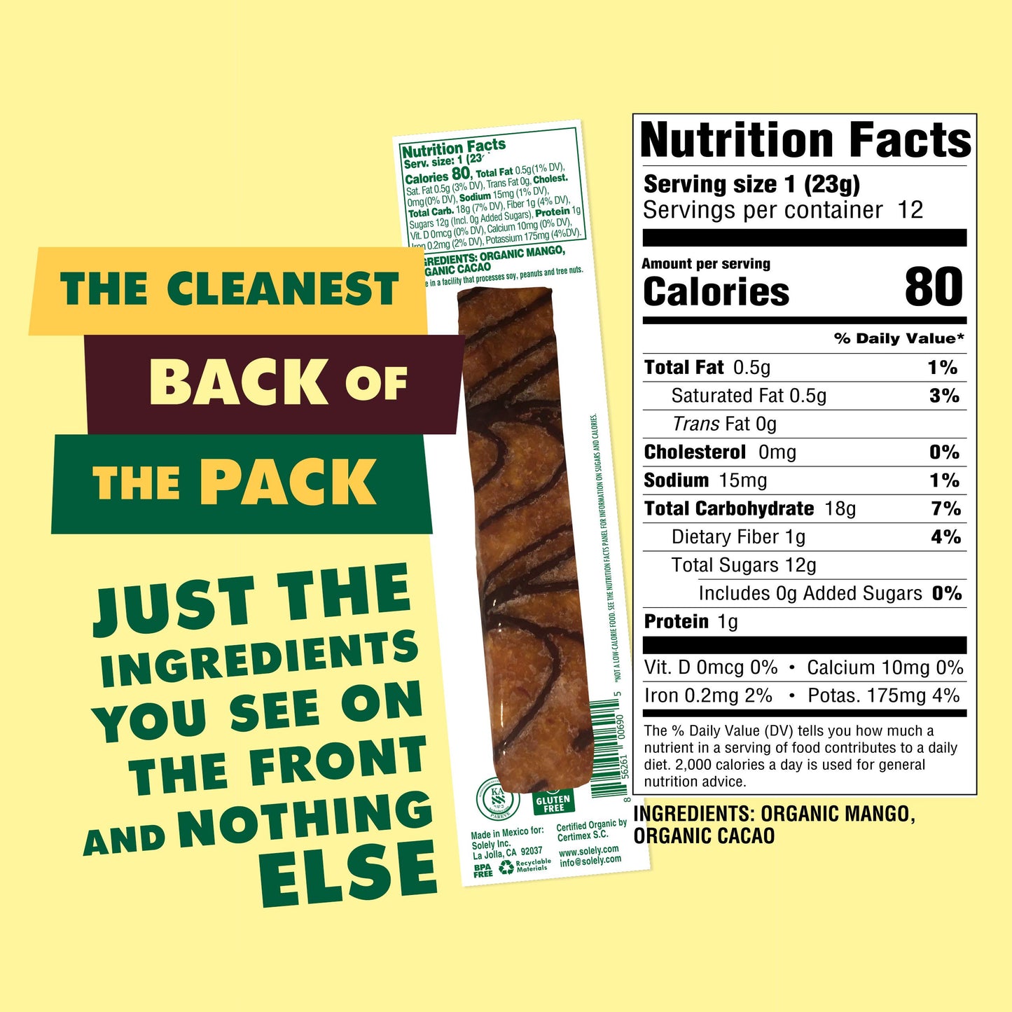 SOLELY - Organic Mango Chocolate Drizzled Fruit Jerky - 12 Individually Wrapped Strips - Fruit Leather Made from Dried Fruit - H