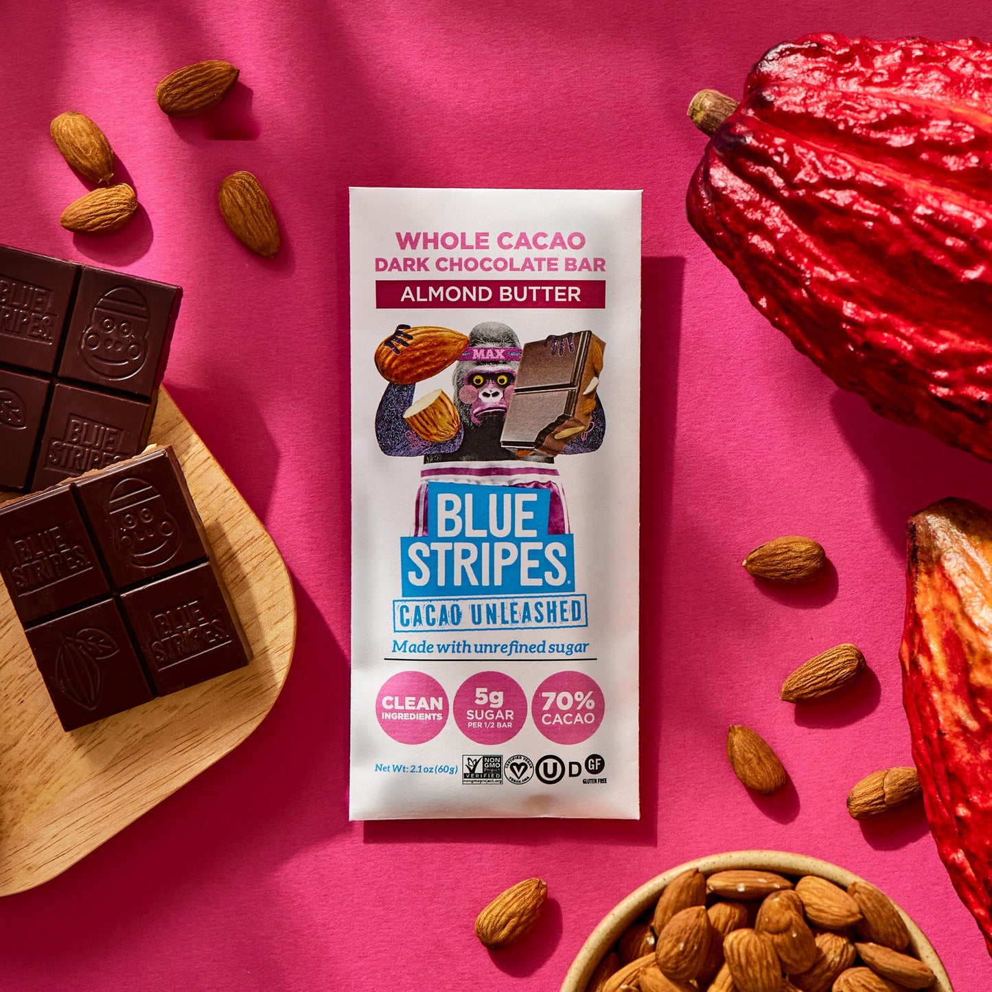 Blue Stripes Whole Cacao Almond Butter Dark Chocolate Bar, 2.1 OZ
