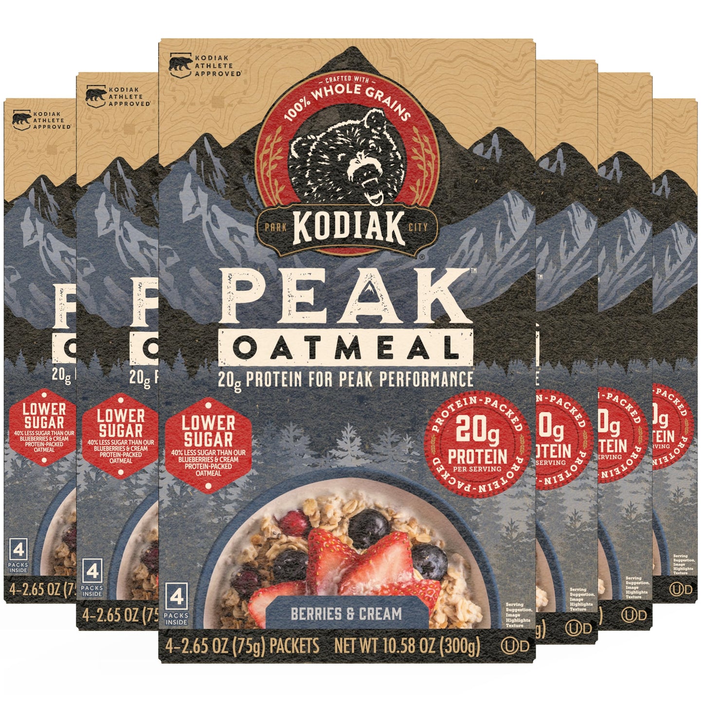 Kodiak Cakes Peak Instant Oatmeal Packets, Berries & Cream, High Protein,100% Whole Grains, 6 box with 4 packets each (Total of 
