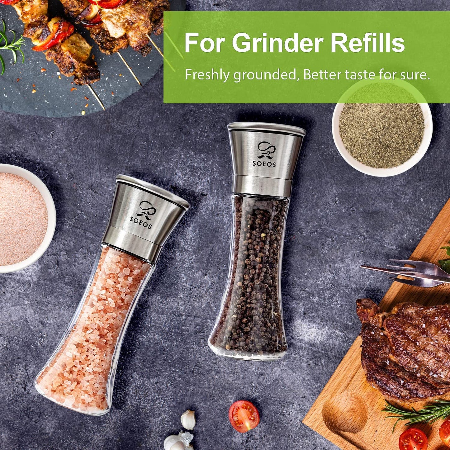 Soeos Himalayan Pink Salt 39 oz + Whole Black Peppercorns 18 oz, Kosher Bulk, Coarse Salt, for Grinder Refill, Peppercorns, Pepp