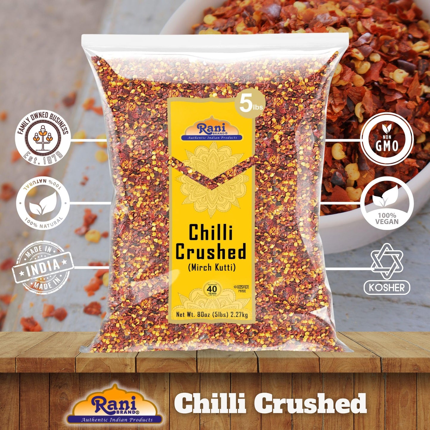 Rani Crushed Red Pepper Flakes Chilli (Pizza Type Cut) 80Oz (5Lbs) 2.27Kg Bulk ~ All Natural, No Color Added, Gluten Friendly |