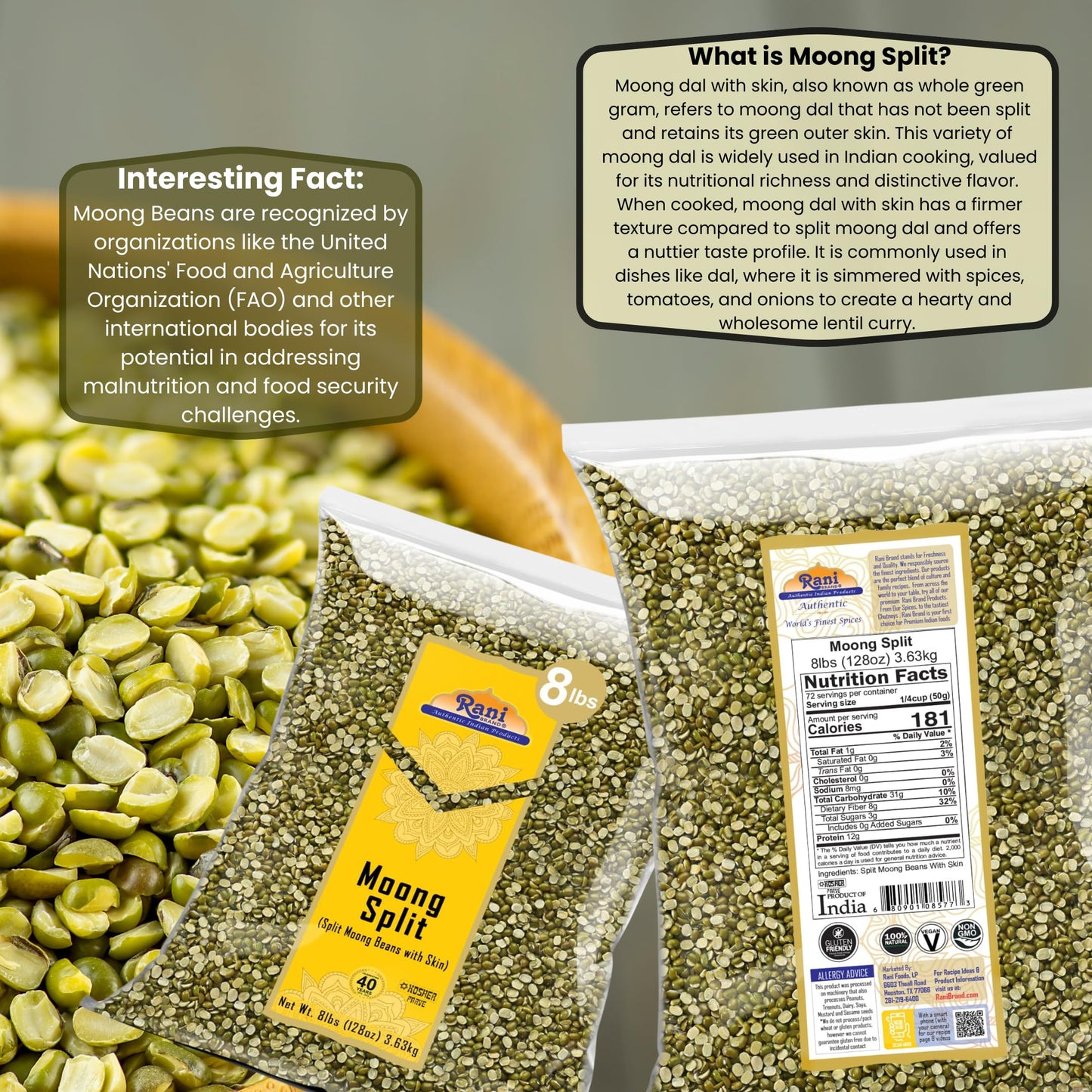 Rani Moong Split (Split Mung Beans With Skin) Lentils Indian 128Oz (8Lbs) 3.63Kg Bulk ~ All Natural | Gluten Friendly | Non-Gmo