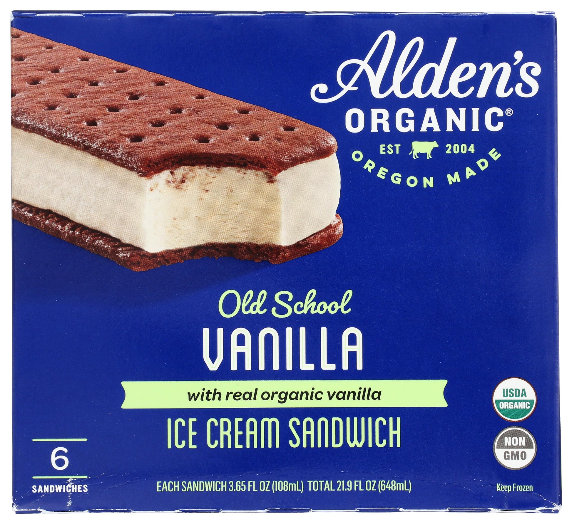 Aldens, Ice Cream Sandwich Vanilla Organic 6 Count, 21.9 Fl Oz