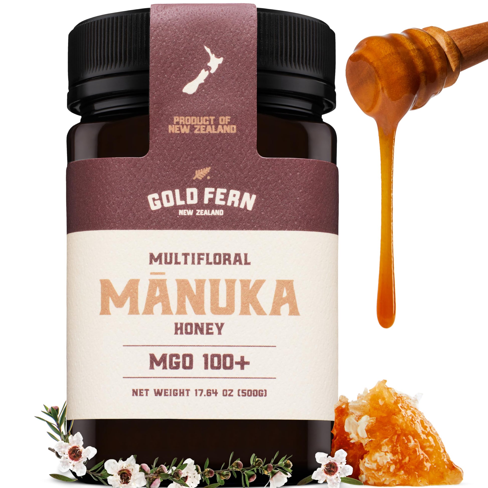 Gold Fern Honey Raw Manuka Honey, 1.1lb (17.64 Fl Oz), MGO 100+, Pure and Unfiltered Superfood Honey