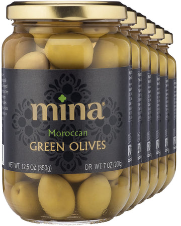 Mina Green Olives, 12.5 Oz (Pack Of 6) - Delicious Green Olives, Vegan Snack, Premium Hand Picked Moroccan Olives, Naturally Cured, Gluten Free, Low Carb, Non Gmo Keto, Paleo, And Kosher