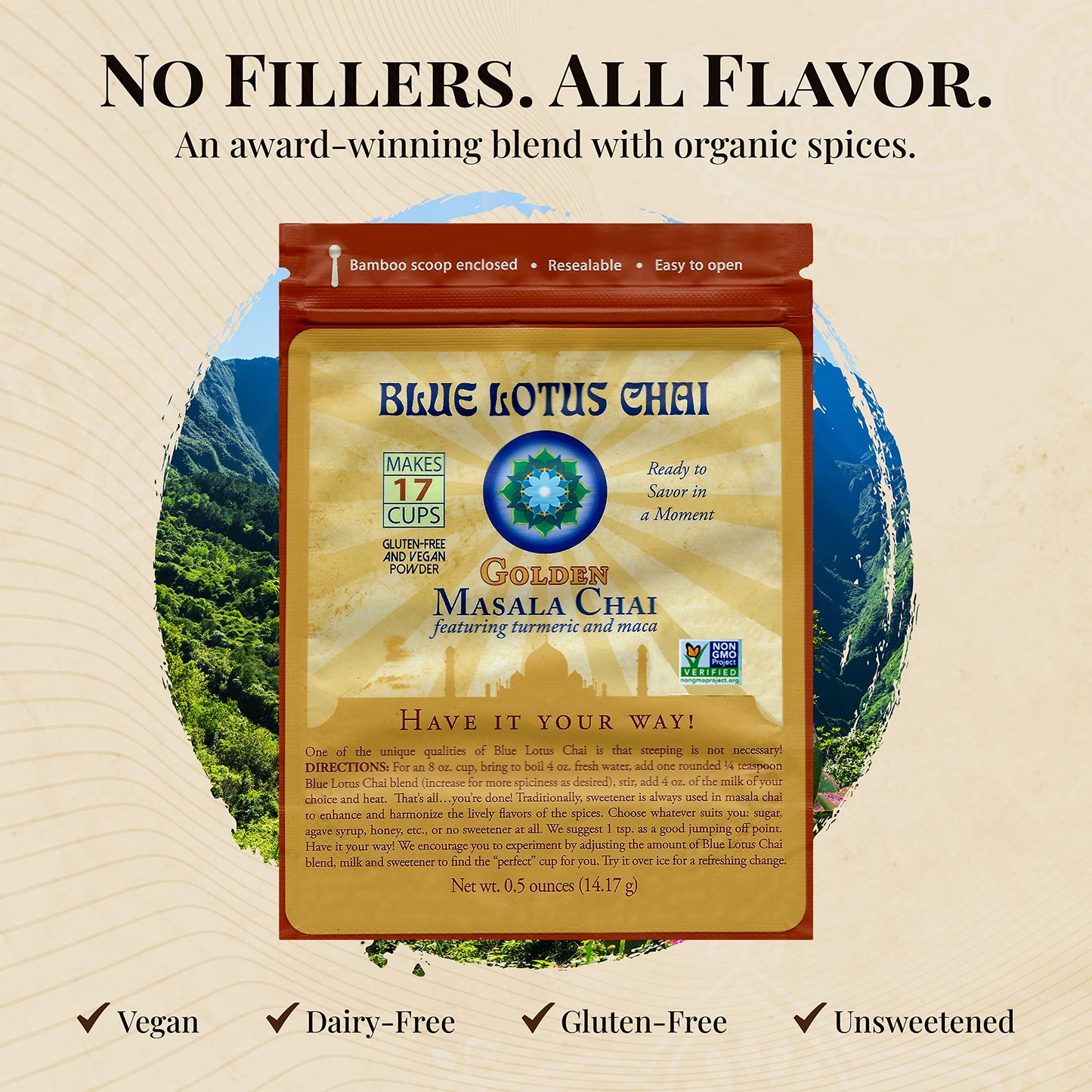 Blue Lotus Chai - Golden Masala Flavor Chai - Makes 17 Cups - 0.5 Ounce Masala Spiced Chai Powder With Organic Spices - Instant