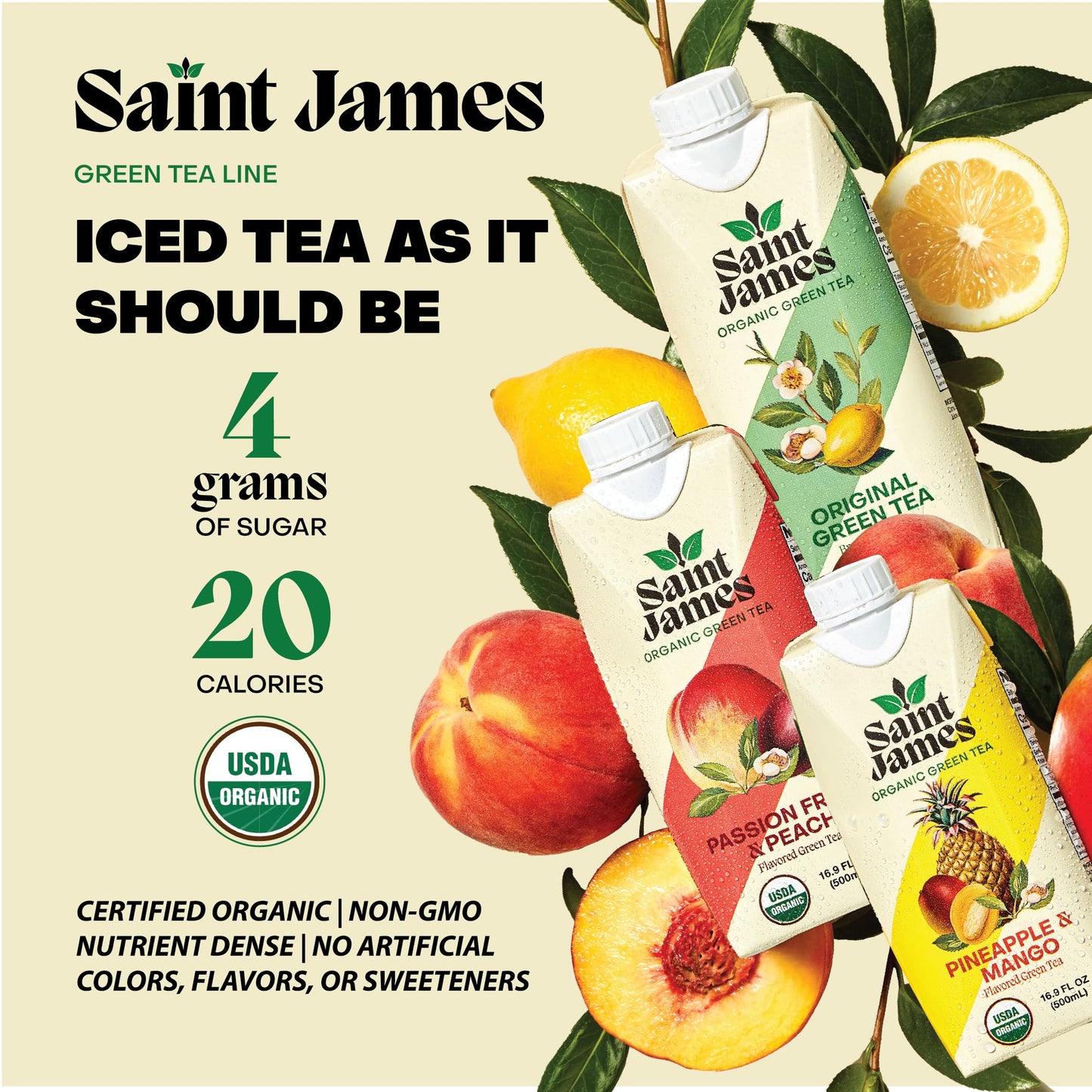 Saint James Iced Tea - Organic Green Tea - Non GMO, Gluten Free, Low Calorie & Low Sugar - Variety Green Tea Flavors, 12 Pack (1