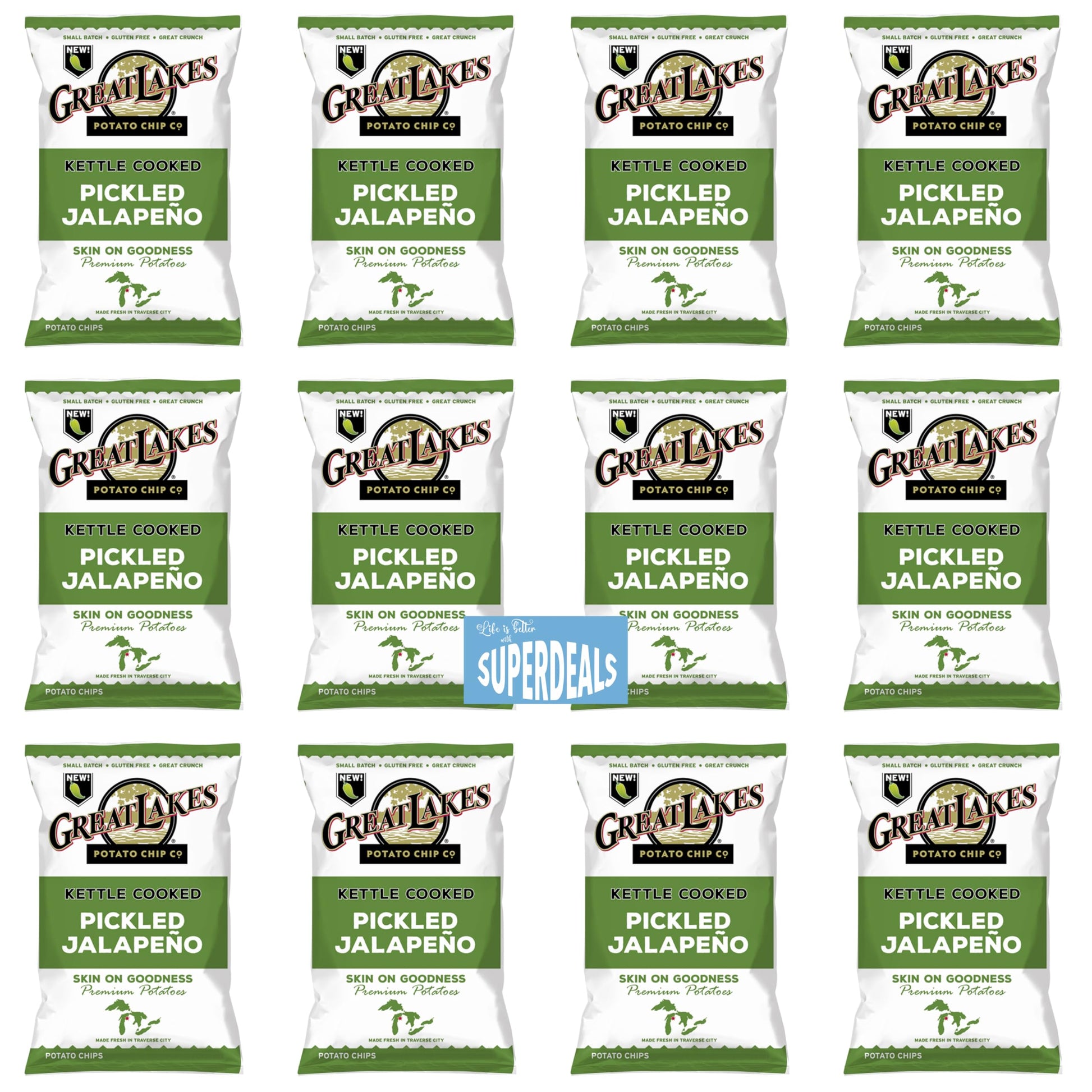 Kettle Cooked Potato Chips by Great Lakes Value Pack Bundled by SUPERDEALS | 1.375 Oz Bag | Pickled Jalapeno | Pack of 12 with m