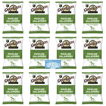 Kettle Cooked Potato Chips by Great Lakes Value Pack Bundled by SUPERDEALS | 1.375 Oz Bag | Pickled Jalapeno | Pack of 12 with m