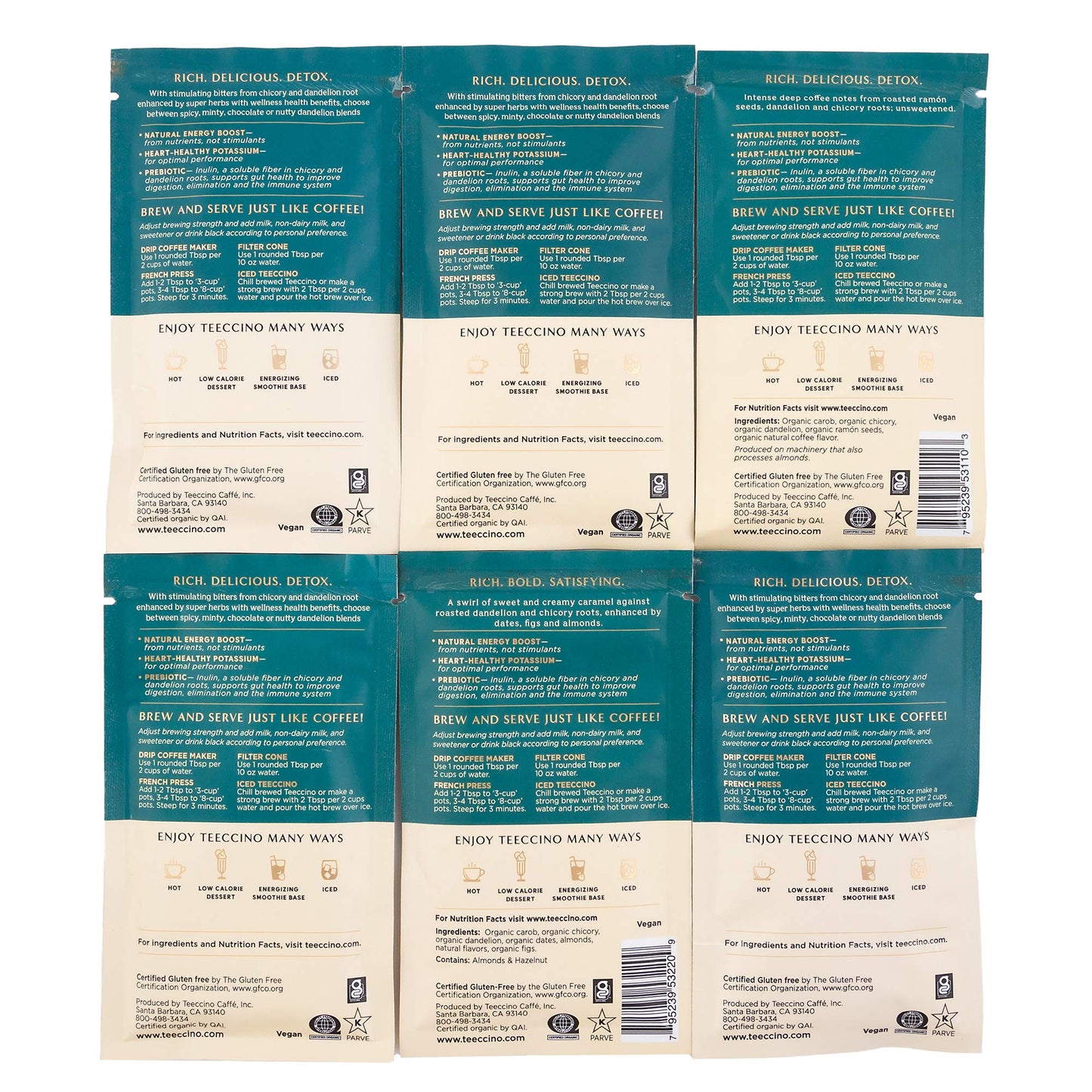 Teeccino Dandelion Root Herbal Coffee Sampler - Caffeine-Free, 6 Trial Size Packets, 1.05 Ounce