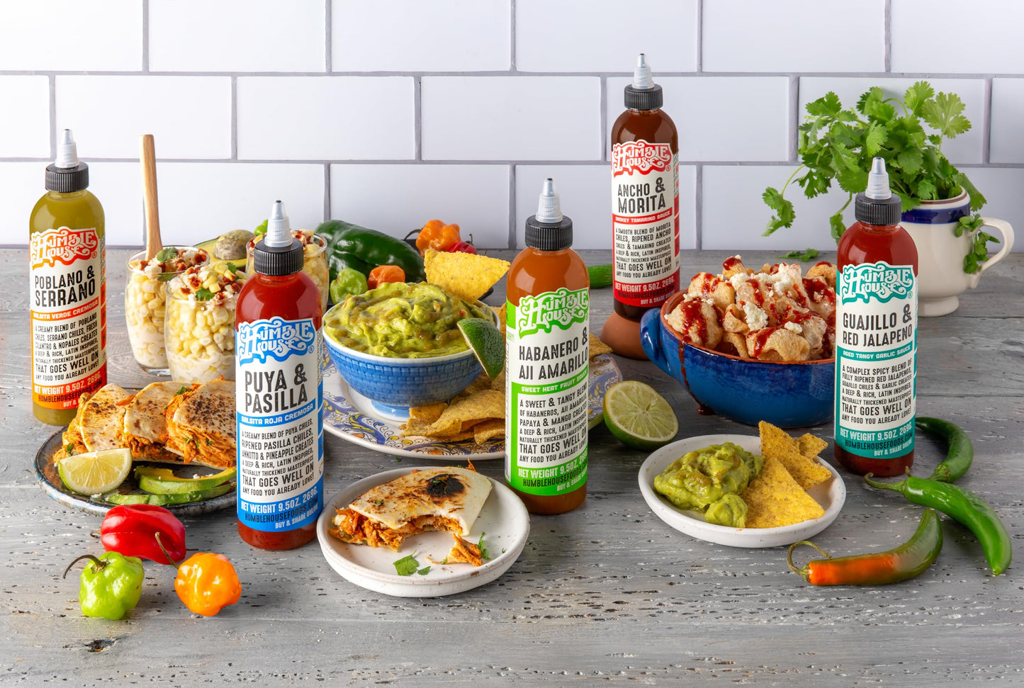 Humble House - Hot Sauce Variety Pack With 5 Low-Sodium Vegan Condiments For Chicken Wings, Tamales, Tacos, Sopes & More, All-Natural Preservative-Free Sauces For Food, 9.5 Oz Per Bottle