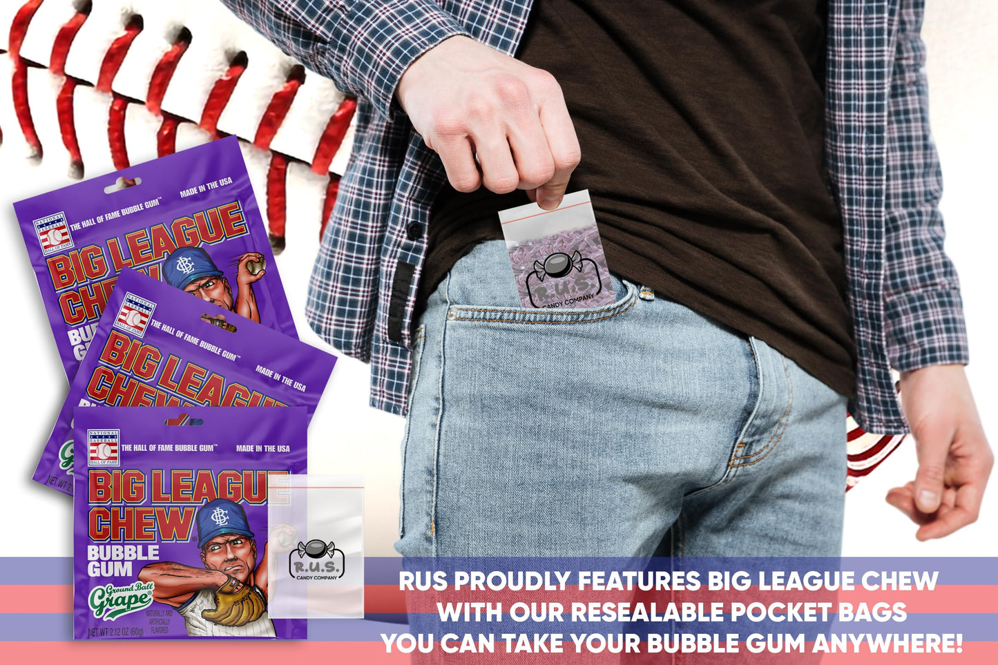 Big League Chew- Ground Ball Grape Flavored Shredded Bubble Gum- 3 Pack- 2.12Oz Each Plus Rus Candy Company Pocket Bag Bundle (G