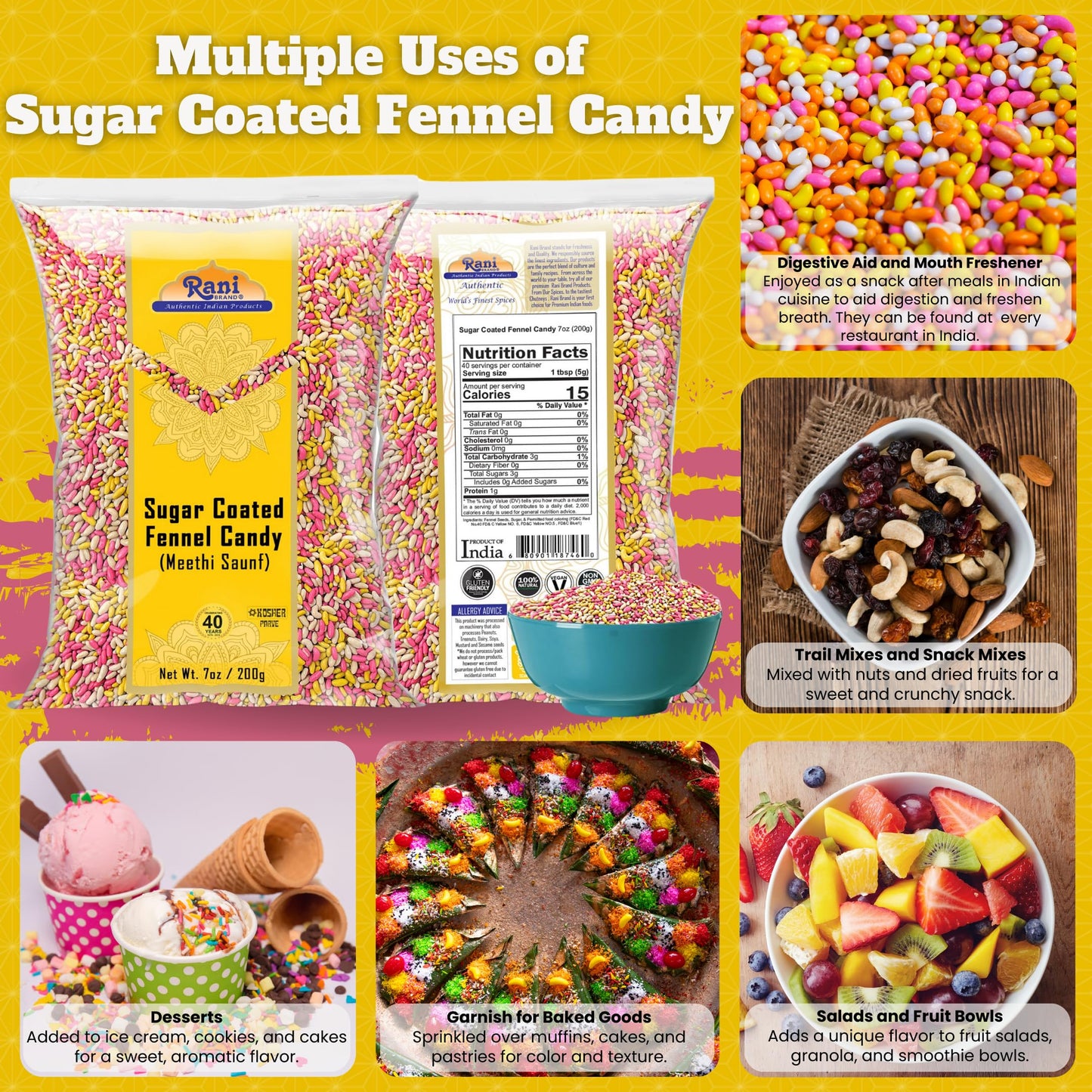 Rani Sugar Coated Fennel Candy 7oz (200g) ~ Indian After Meal Digestive Treat | Vegan | Gluten Friendly | NON-GMO | Kosher | Ind
