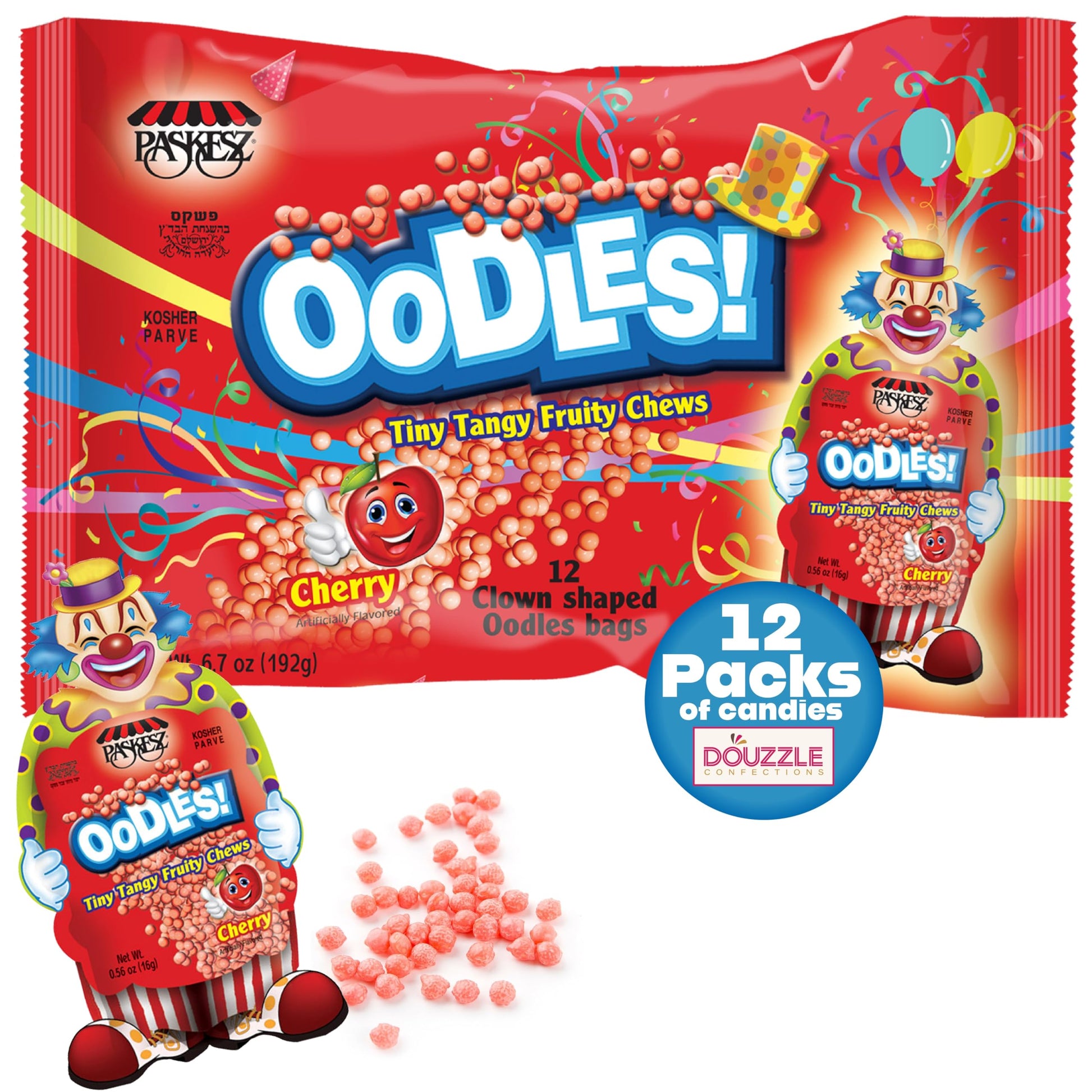 DOUzzle Oodles Clown Shaped, Cherry Tiny Tangy Chews (12 Count, Pack of 1) Individually Wrapped Candies, Birthday Party Favors, 
