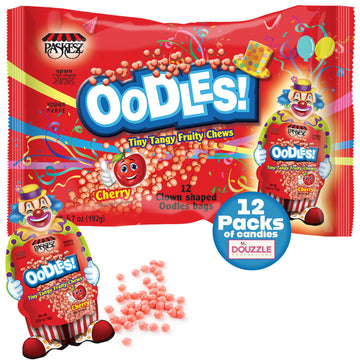 DOUzzle Oodles Clown Shaped, Cherry Tiny Tangy Chews (12 Count, Pack of 1) Individually Wrapped Candies, Birthday Party Favors, 