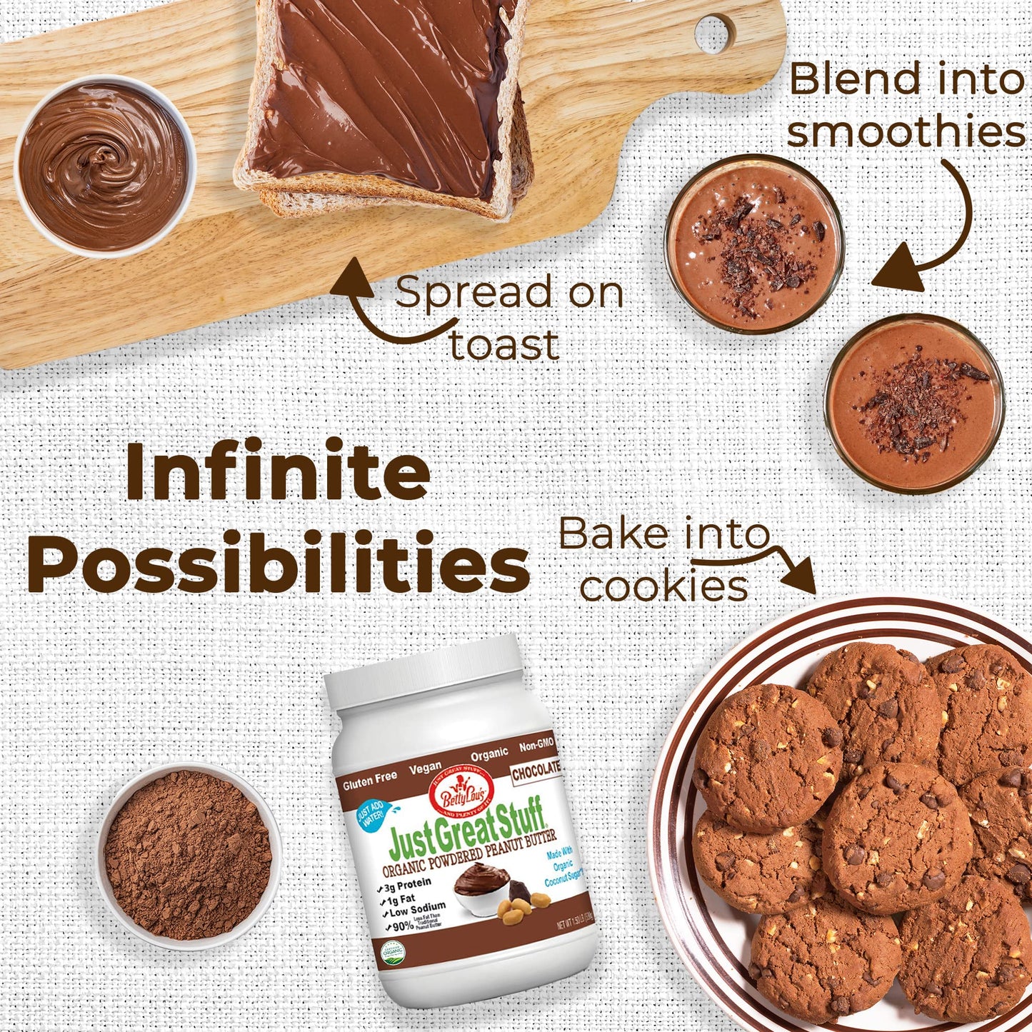 Betty Lous Organic Chocolate Peanut Butter Powder, Gluten Free, Vegan, High Protein, 24 Ounce