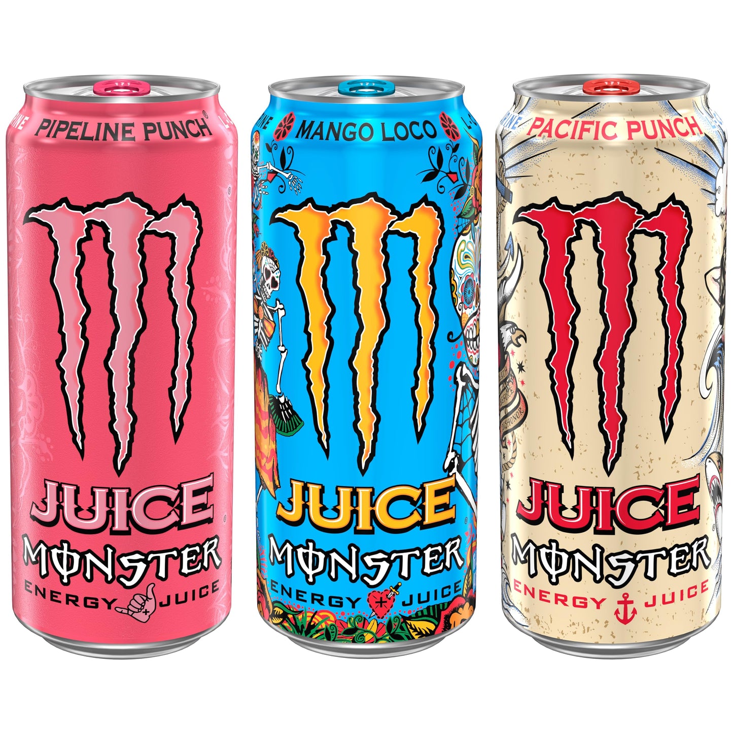 Monster Energy Juice Monster Variety Pack, Pipeline Punch, Mango Loco, Pacific Punch, Energy+Juice, Energy Drink, 16 Ounce (Pack Of 15)