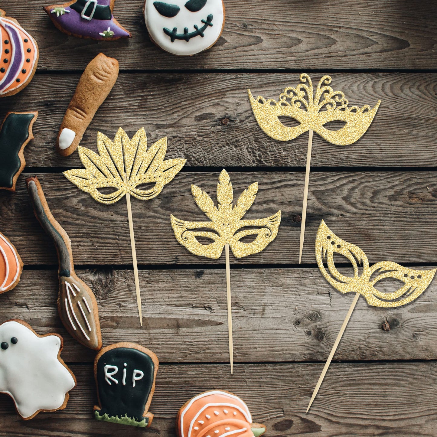24Pcs Masquerade Masks Cupcake Toppers Gold Glitter Mask Cupcake Picks For Masquerade Mardi Gras Party Baby Shower Birthday Wedd