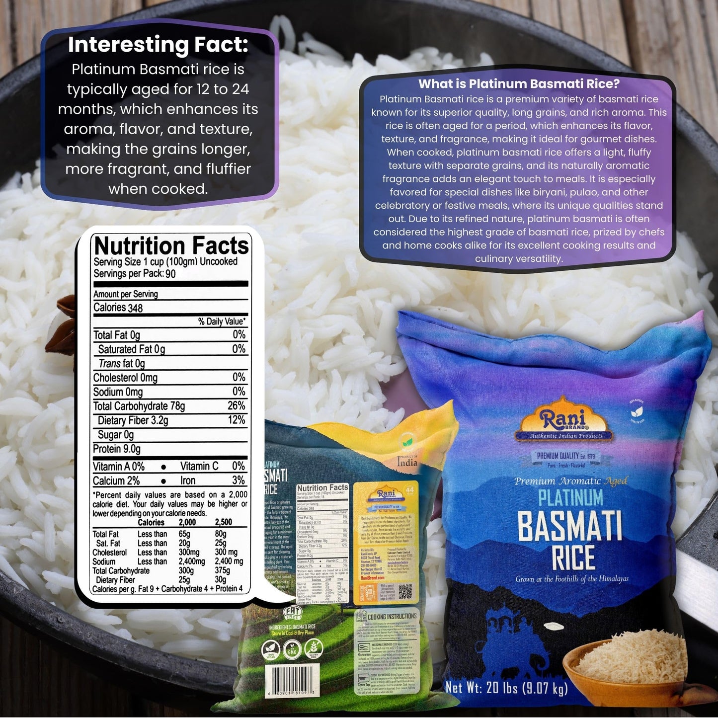 Rani Platinum White Basmati Rice Extra Long Aged 20-Pound Bag, 320Oz (20Lbs) 9.08Kg ~ All Natural | Gluten Friendly | Vegan | In