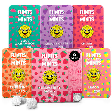 Flintts Mints Fruit Troop (Cool Watermelon, Luxury Grape, Cherry, Sour Tangerine, Strawberry Magic, Lemon) - Sugar Free & Vegan,