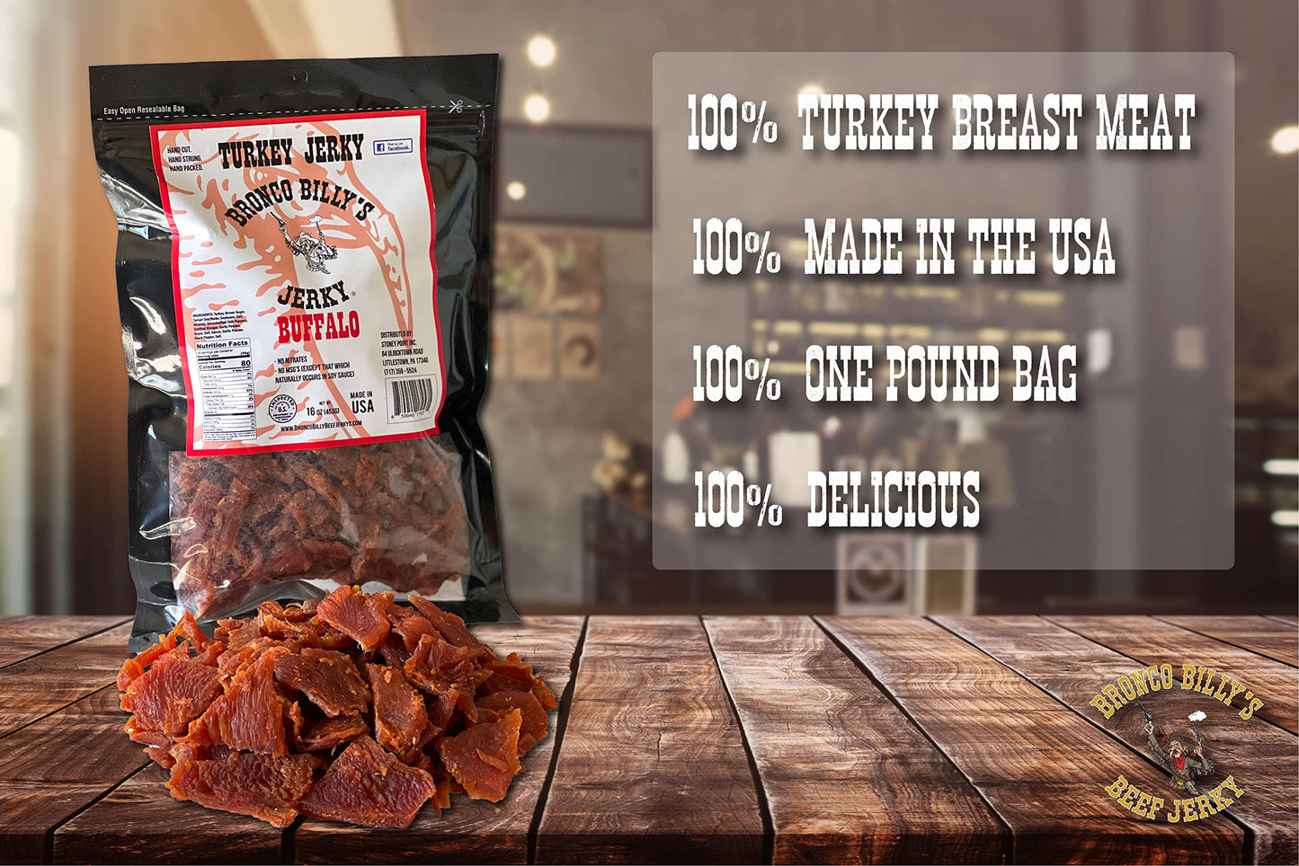 Bronco Billy'S Turkey Jerky Buffalo Flavor One Pound Resealable Bag