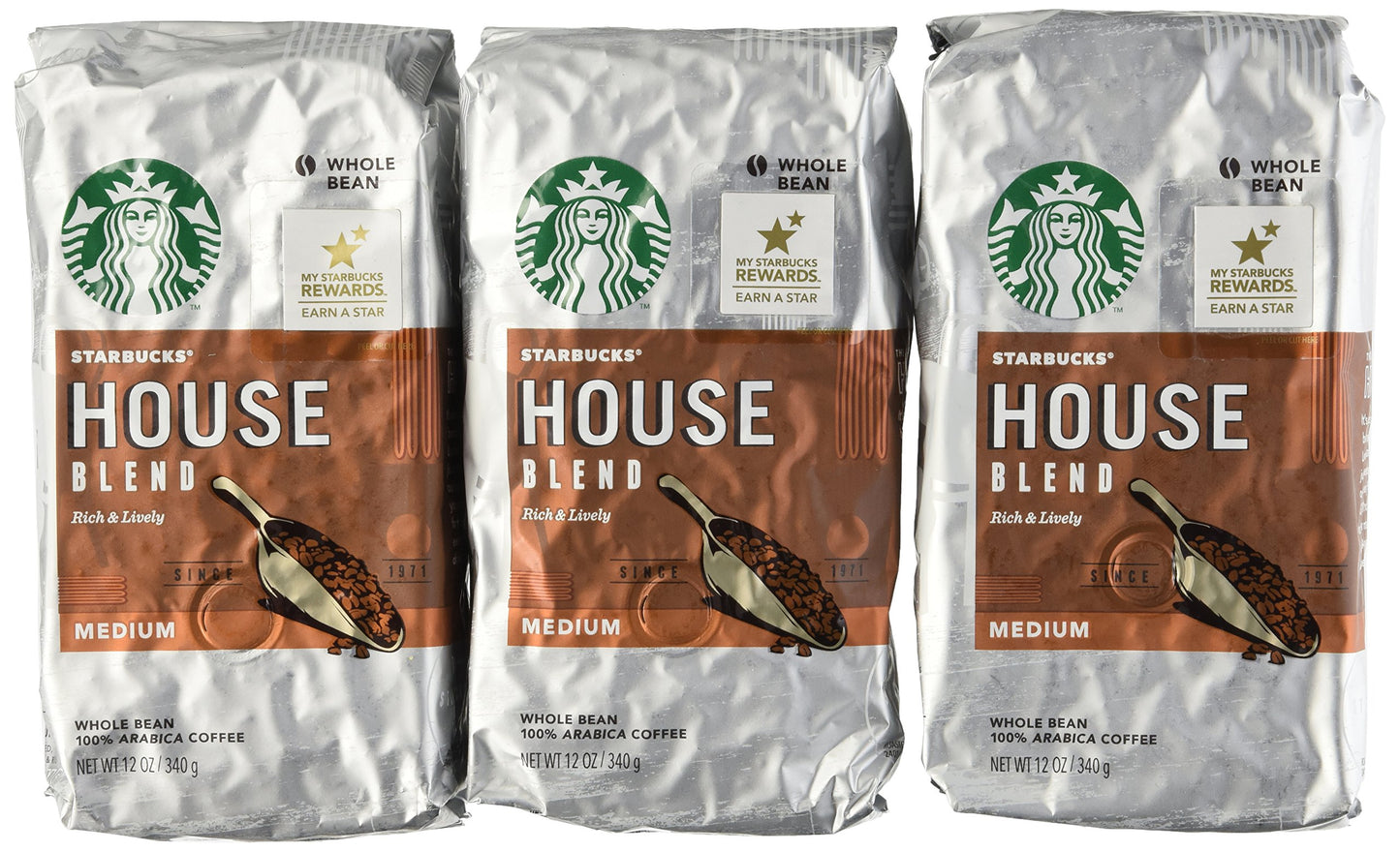 Starbucks Whole Bean Coffee, House Blend, 12 Ounce Bags, Pack of 3