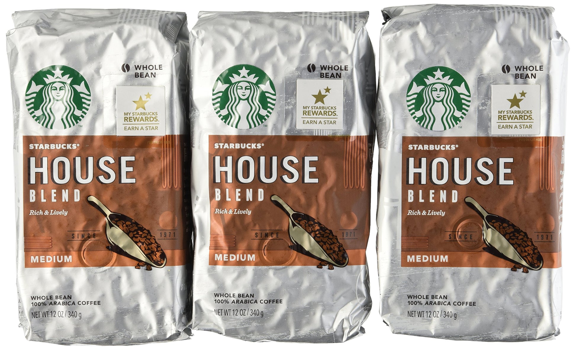 Starbucks Whole Bean Coffee, House Blend, 12 Ounce Bags, Pack of 3