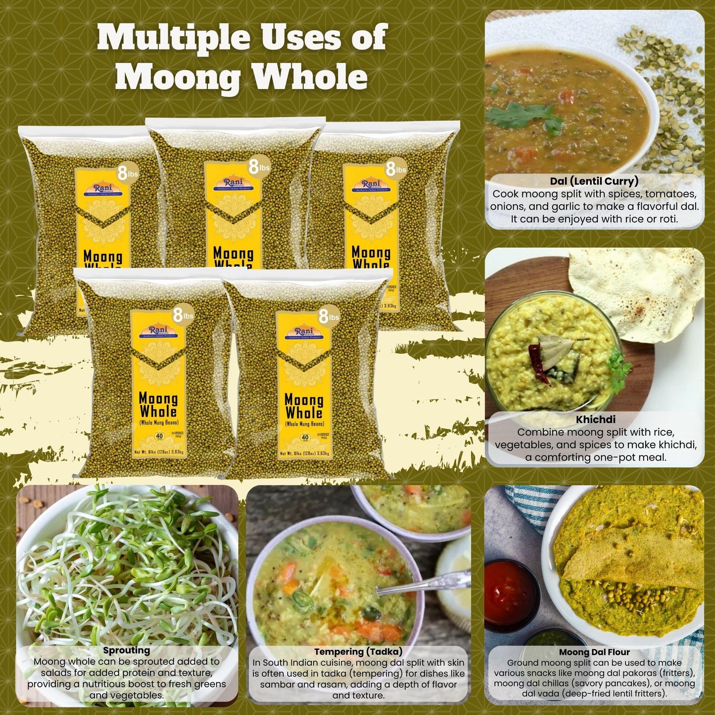 Rani Moong Whole (Ideal For Cooking & Sprouting, Whole Mung Beans W/ Skin) Lentils Indian 128Oz (8Lbs) X Pack Of 5 (Total 40Lbs) Bulk ~ All Natural | Gluten Friendly | Non-Gmo | Vegan | Indian Origin
